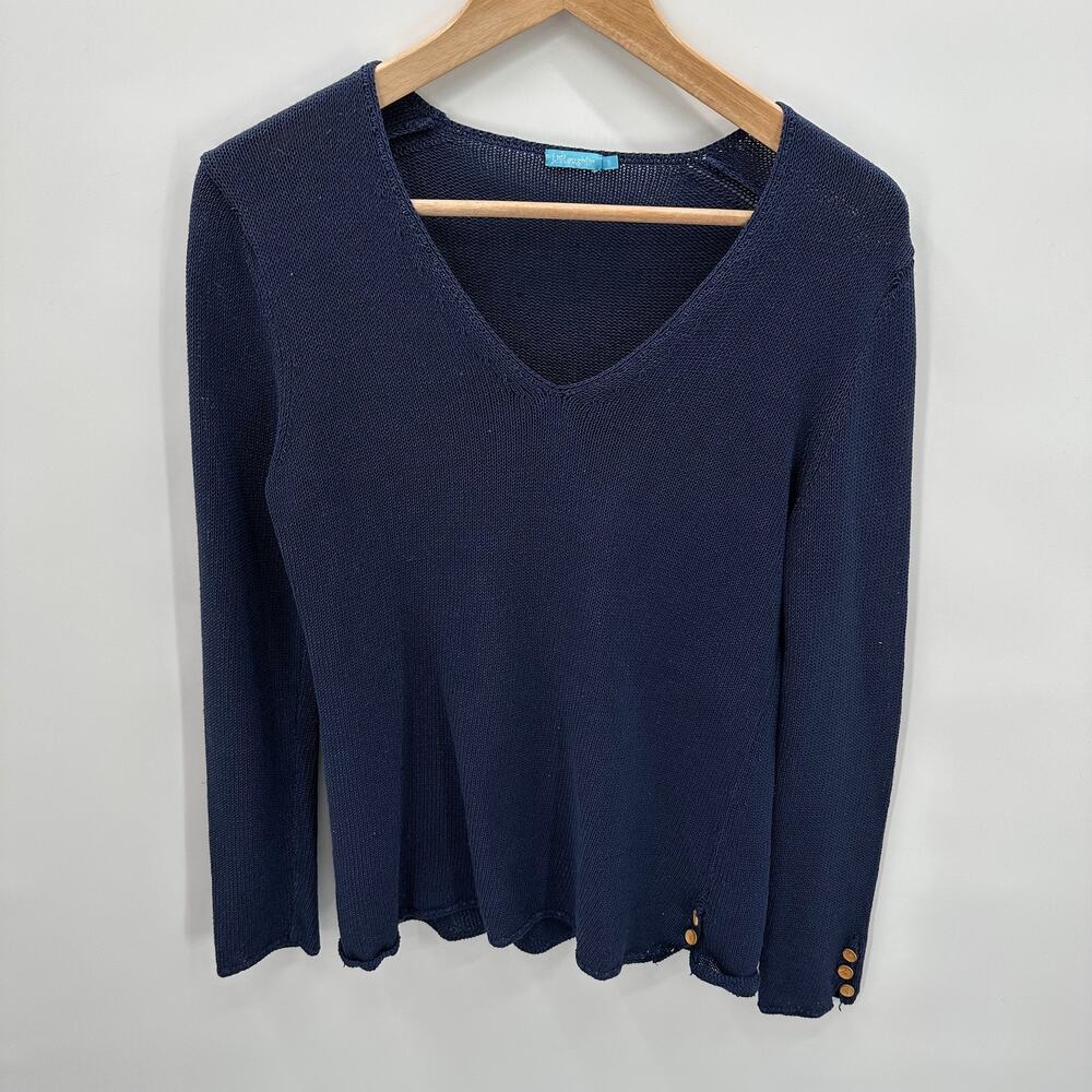 J. McLaughlin Navy Blue Cotton Knit V Neck Sweter // S